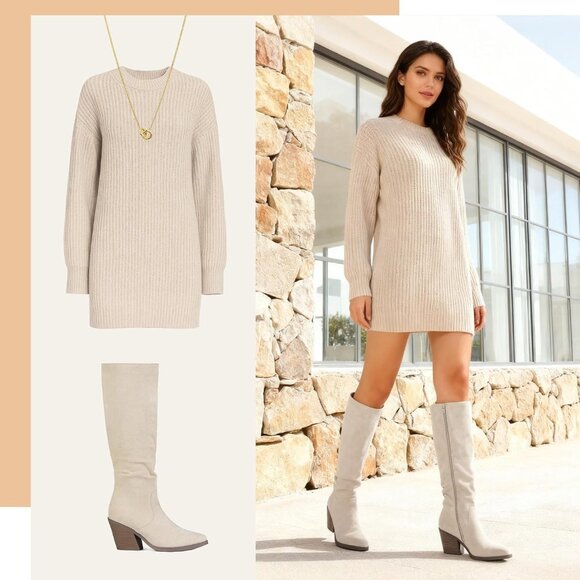 Women Knee High Faux Beige Suede Boot Stacked Chunky Heel Side Zipper Tall Boots - Picture 6 of 7